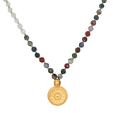 Beacon of Creativity Fancy Jasper Celestial Mala featuring a golden sun pendant, perfect for spiritual jewelry, meditation, and showcasing the meaning of protection and manifestation in yoga practices.