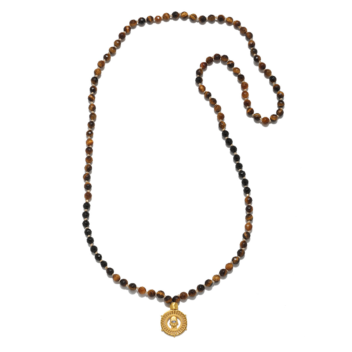 Close-up of the Enduring Strength Tiger Eye Hamsa Mala, highlighting the intricate design and natural gemstones, a beautiful piece of spiritual jewelry that embodies the essence of protection and the art of manifestation.