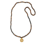 Close-up of the Enduring Strength Tiger Eye Hamsa Mala, highlighting the intricate design and natural gemstones, a beautiful piece of spiritual jewelry that embodies the essence of protection and the art of manifestation.