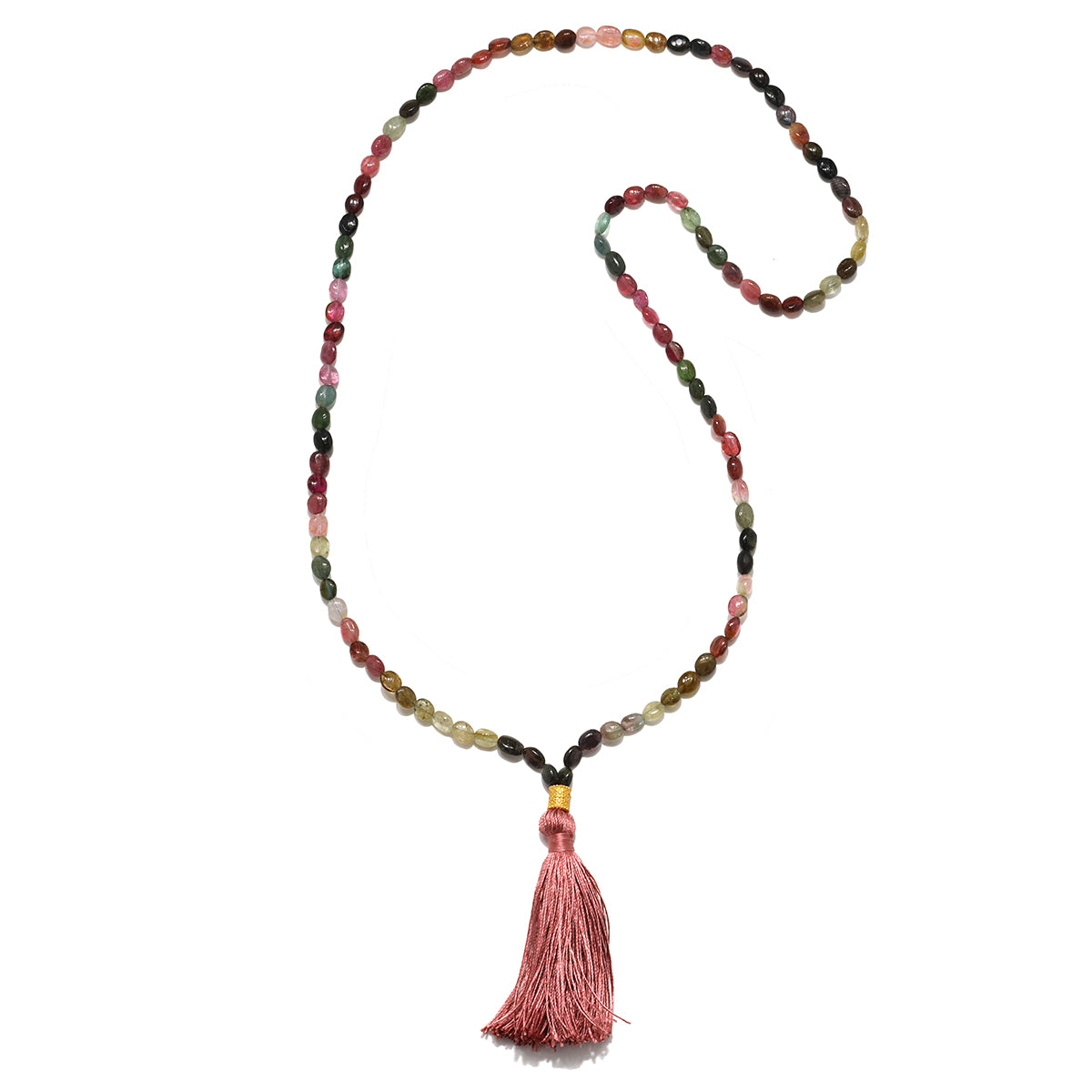 The Peaceful Spirit Tourmaline Gemstone Mala displayed against a clean white background, highlighting its intricate design. This beautiful mala represents a powerful piece of spiritual jewelry for meditation and yoga, serving as a talisman for meaningful manifestations and protection.
