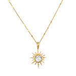 North Star Blue Topaz Starburst Necklace featuring a luminous blue topaz set in an 18kt gold plated starburst, perfect for spiritual jewelry and meditation, symbolizing protection and meaningful manifestation.