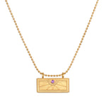 February Amethyst Sunburst Birthstone Tablet Necklace featuring a stunning sunburst design and an amethyst stone, this spiritual jewelry piece symbolizes vitality and peace. Ideal for meditation and protection, it serves as a meaningful talisman for yoga enthusiasts and those interested in zodiac meanings and manifestation.