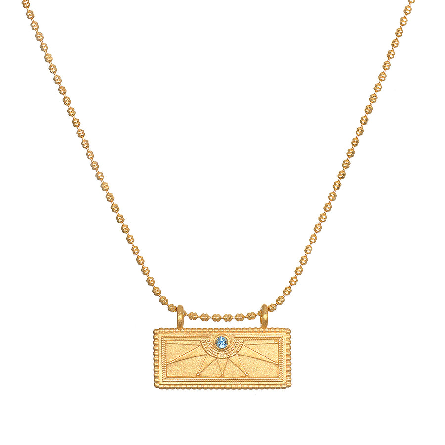 December Blue Topaz Sunburst Birthstone Tablet Necklace