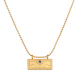 September Sapphire Sunburst Birthstone Tablet Necklace featuring an elegant sunburst design. This spiritual jewelry piece embodies protection and meaningful charm, perfect for meditation and yoga enthusiasts, symbolizing vitality and trust.