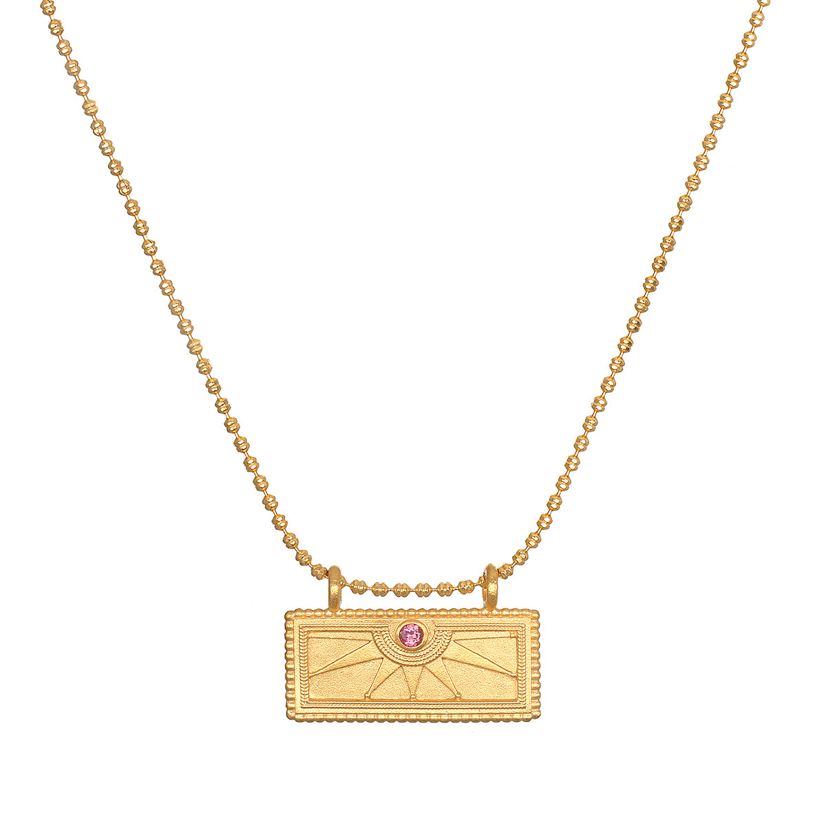 October Pink Tourmaline Sunburst Birthstone Tablet Necklace featuring an engraved sunburst design and accented with a pink tourmaline stone. This spiritual jewelry symbolizes vitality, protection, and meaningful manifestation, perfect for meditation and yoga enthusiasts.