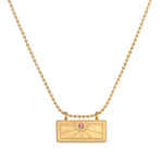 October Pink Tourmaline Sunburst Birthstone Tablet Necklace featuring an engraved sunburst design and accented with a pink tourmaline stone. This spiritual jewelry symbolizes vitality, protection, and meaningful manifestation, perfect for meditation and yoga enthusiasts.