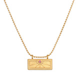October Pink Tourmaline Sunburst Birthstone Tablet Necklace featuring an engraved sunburst design and accented with a pink tourmaline stone. This spiritual jewelry symbolizes vitality, protection, and meaningful manifestation, perfect for meditation and yoga enthusiasts.