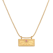 October Pink Tourmaline Sunburst Birthstone Tablet Necklace featuring an engraved sunburst design and accented with a pink tourmaline stone. This spiritual jewelry symbolizes vitality, protection, and meaningful manifestation, perfect for meditation and yoga enthusiasts.