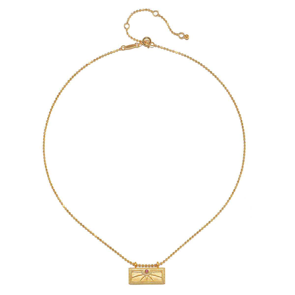 The October Pink Tourmaline Sunburst Birthstone Tablet Necklace displayed elegantly, showcasing its design with a 16-inch chain and 3-inch extension. A beautiful addition to spiritual jewelry collections, this necklace represents abundance, peace, and manifestation.