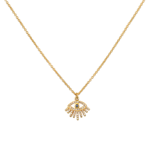 Mini All-Seeing Eye 14kt Gold Diamond Necklace showcased against a white background, symbolizing spiritual jewelry and protection. This talisman captures the essence of meaningful meditation, serving as a charm for manifestation and connection with the energies of the sun and moon.