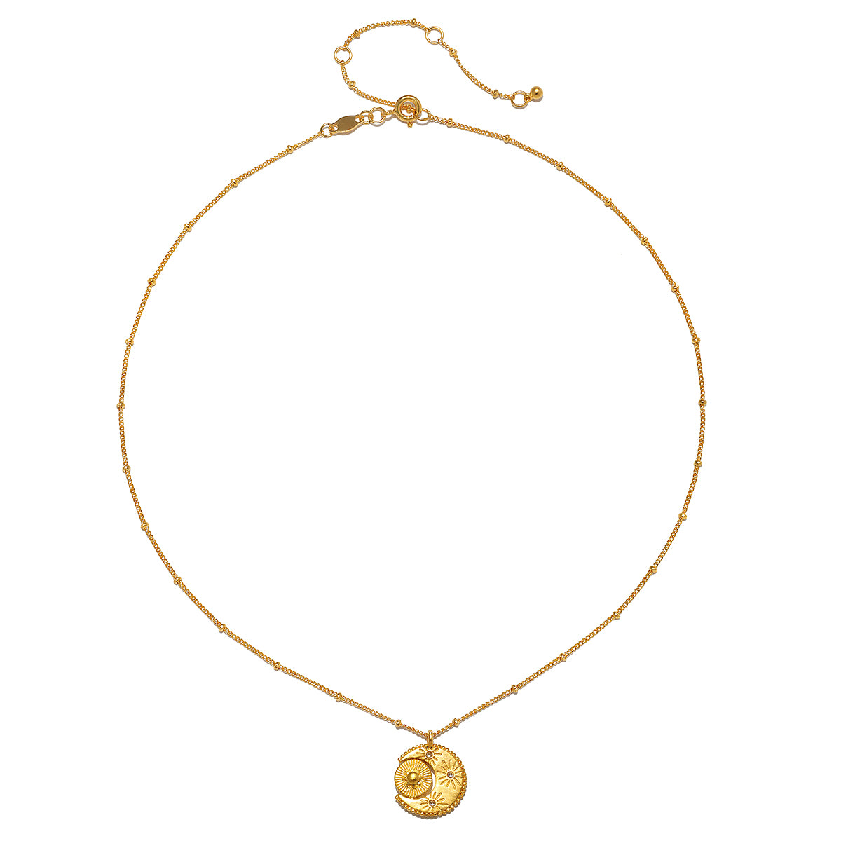 Gold-toned chain necklace with adjustable clasp and circular sun pendant at center.