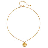 Gold-toned chain necklace with adjustable clasp and circular sun pendant at center.
