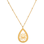 Intention of New Beginnings Necklace Set featuring a delicate teardrop-shaped pendant with a lotus flower, embodying spiritual jewelry and meaningful manifestation for personal growth, perfect for meditation and yoga practices.