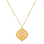 Awaken Awareness Lotus White Topaz Necklace featuring a beautiful lotus petal medallion in 18kt gold plate, embellished with white topaz stones. This spiritual jewelry acts as a meaningful talisman, perfect for meditation and yoga practices, enhancing individuality and creativity. Ideal for those seeking protection and manifestation in their lives, embodying the essence of the sun and moon.