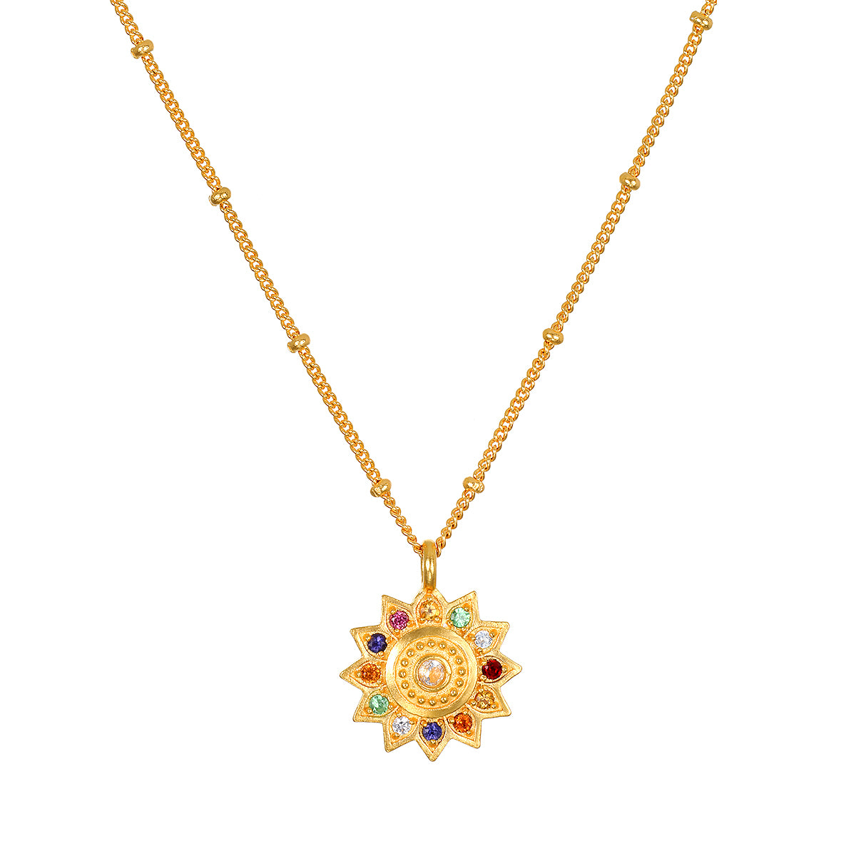 A Vibrant Self Multi Stone Lotus Necklace featuring a radiant lotus pendant adorned with colorful healing gemstones. This spiritual jewelry embodies new beginnings and full potential, making it a perfect talisman for meditation and yoga. Its intricate design symbolizes manifestation and meaningful connections to spirituality, protection, and zodiac energies.