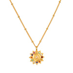 A Vibrant Self Multi Stone Lotus Necklace featuring a radiant lotus pendant adorned with colorful healing gemstones. This spiritual jewelry embodies new beginnings and full potential, making it a perfect talisman for meditation and yoga. Its intricate design symbolizes manifestation and meaningful connections to spirituality, protection, and zodiac energies.