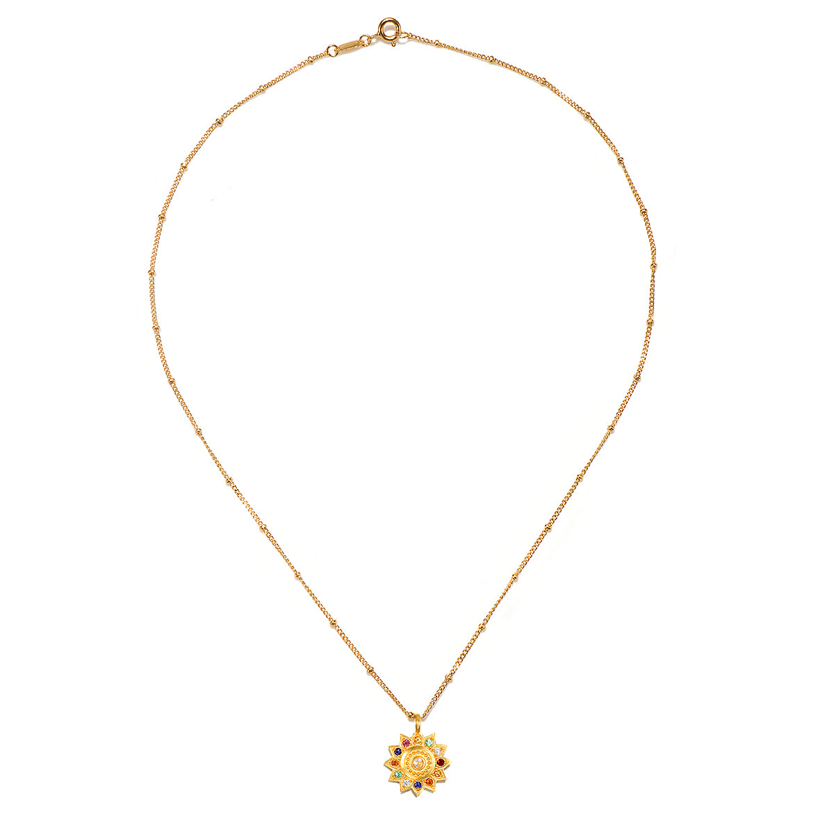 Product display of the Vibrant Self Multi Stone Lotus Necklace on a white background, emphasizing its elegant design as a meaningful piece of spiritual jewelry for meditation and zodiac practices.