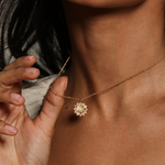Close-up of a woman wearing the Vibrant Self Multi Stone Lotus Necklace, showcasing the gold-plated lotus pendant, embodying spiritual jewelry and reflecting themes of meditation, protection, and meaningful manifestation.