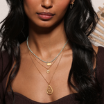 Close-up of the Dawn of Renewal Lotus Necklace worn elegantly, symbolizing new beginnings and spiritual growth in meditation and manifestation practices.