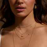 Close-up of a model wearing a Twinkling Light Gold Choker Necklace, showcasing a layered jewelry aesthetic ideal for spiritual jewelry enthusiasts. This elegant piece embodies spirituality and is perfect for those practicing yoga and meditation, reflecting themes of protection, meaning, and manifestation.