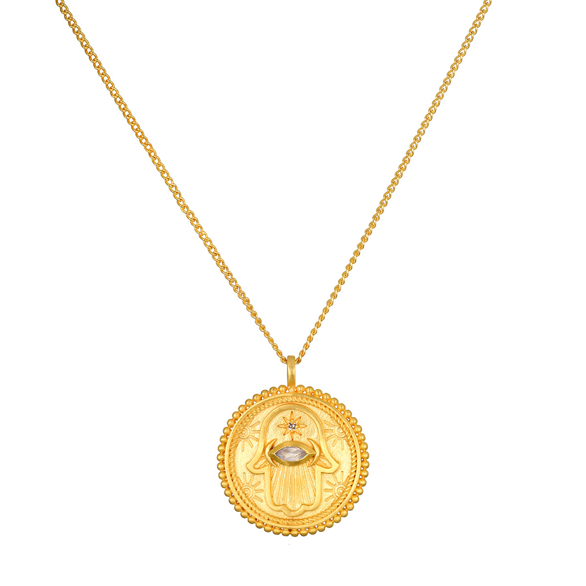Cradled in Positivity Hamsa Necklace featuring an 18kt gold plated pendant adorned with a moonstone, symbolizing spiritual jewelry, meditation, and protection for yoga and manifestation.