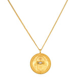 Cradled in Positivity Hamsa Necklace featuring an 18kt gold plated pendant adorned with a moonstone, symbolizing spiritual jewelry, meditation, and protection for yoga and manifestation.