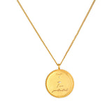 The back view of the Cradled in Positivity Hamsa Necklace revealing the engraved 'I am protected' mantra, symbolizing protection and spiritual connection. Ideal for meditation, it resonates with themes of identity and manifestation.