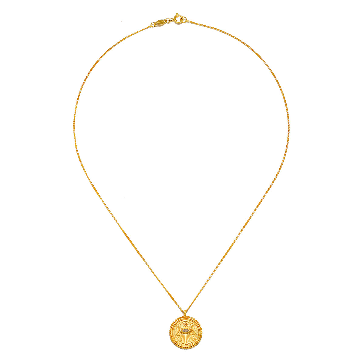 Cradled in Positivity Hamsa Necklace featuring an 18kt gold plated pendant and moonstone, embodying spiritual jewelry perfect for meditation, serving as a talisman for protection and meaningful manifestation in your yoga practice.