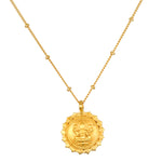 Prosperous Blessings Lakshmi Necklace features an intricate 18kt gold plated pendant depicting the goddess Lakshmi, symbolizing prosperity and abundance. This spiritual jewelry serves as a talisman for manifestation during meditation, connecting you to profound meanings in yoga and daily life.