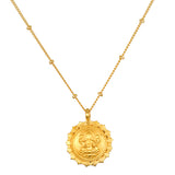 Prosperous Blessings Lakshmi Necklace features an intricate 18kt gold plated pendant depicting the goddess Lakshmi, symbolizing prosperity and abundance. This spiritual jewelry serves as a talisman for manifestation during meditation, connecting you to profound meanings in yoga and daily life.