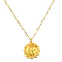 Prosperous Blessings Lakshmi Necklace features an intricate 18kt gold plated pendant depicting the goddess Lakshmi, symbolizing prosperity and abundance. This spiritual jewelry serves as a talisman for manifestation during meditation, connecting you to profound meanings in yoga and daily life.