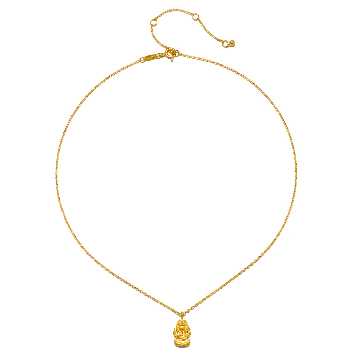 Solo shot of the Favored by Fortune Ganesha Necklace, illustrating its delicate 18kt gold plating and significance in manifestation and spiritual enlightenment.