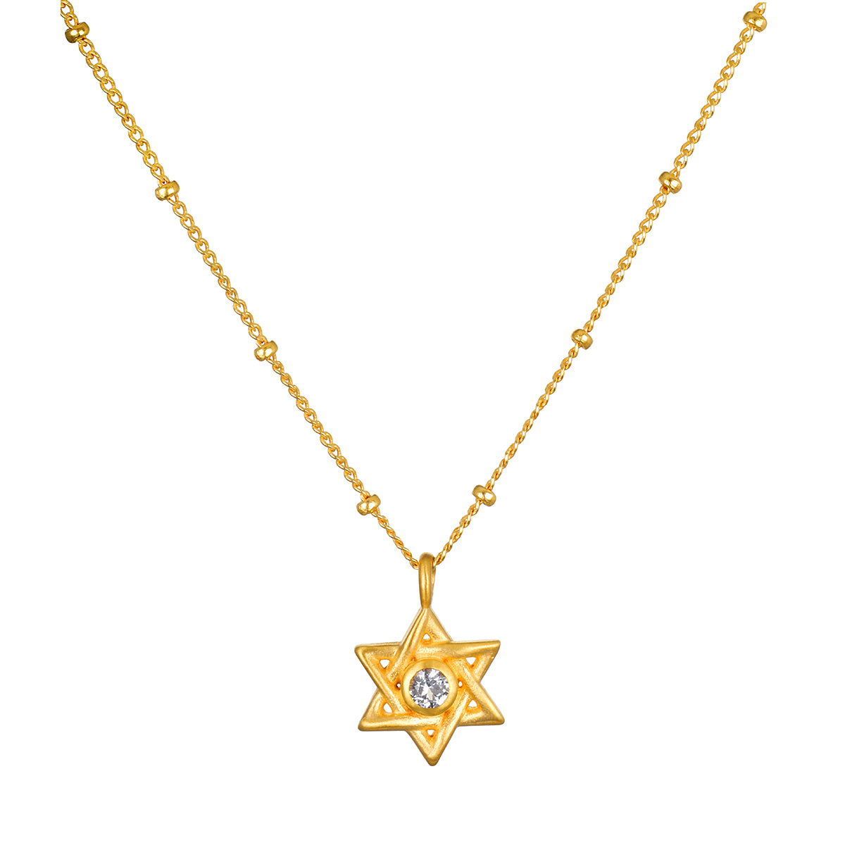 Guiding Faith Star of David Necklace showcased with a 3mm faceted round white topaz, perfect for spiritual jewelry and meditation. This meaningful talisman represents connection to faith and protection, ideal for yoga, manifestation, and zodiac enthusiasts.