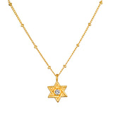 Guiding Faith Star of David Necklace showcased with a 3mm faceted round white topaz, perfect for spiritual jewelry and meditation. This meaningful talisman represents connection to faith and protection, ideal for yoga, manifestation, and zodiac enthusiasts.