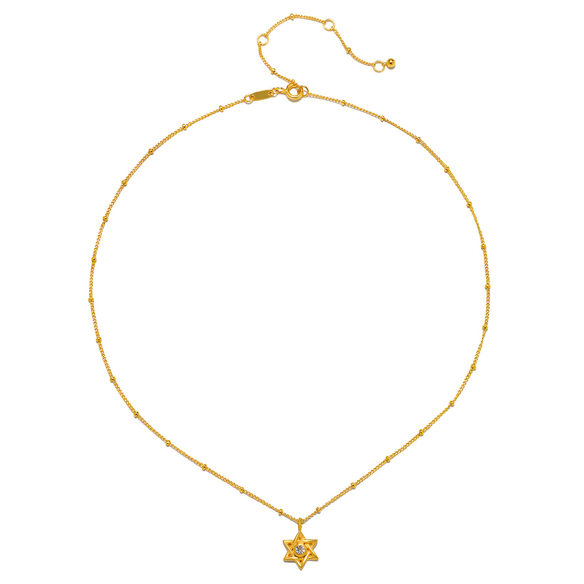 The Guiding Faith Star of David Necklace displayed on a white background, highlighting its intricate design and 18kt gold plating. This spiritual jewelry serves as a powerful talisman for meditation, protection, and meaningful connections in your yoga journey.