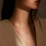 Close-up of a model wearing the Incandescent Glow 14kt Gold Starburst Necklace, showcasing its elegant design that represents spiritual connection, meaningful guidance, and the essence of the sun and moon, ideal for talisman and zodiac enthusiasts.