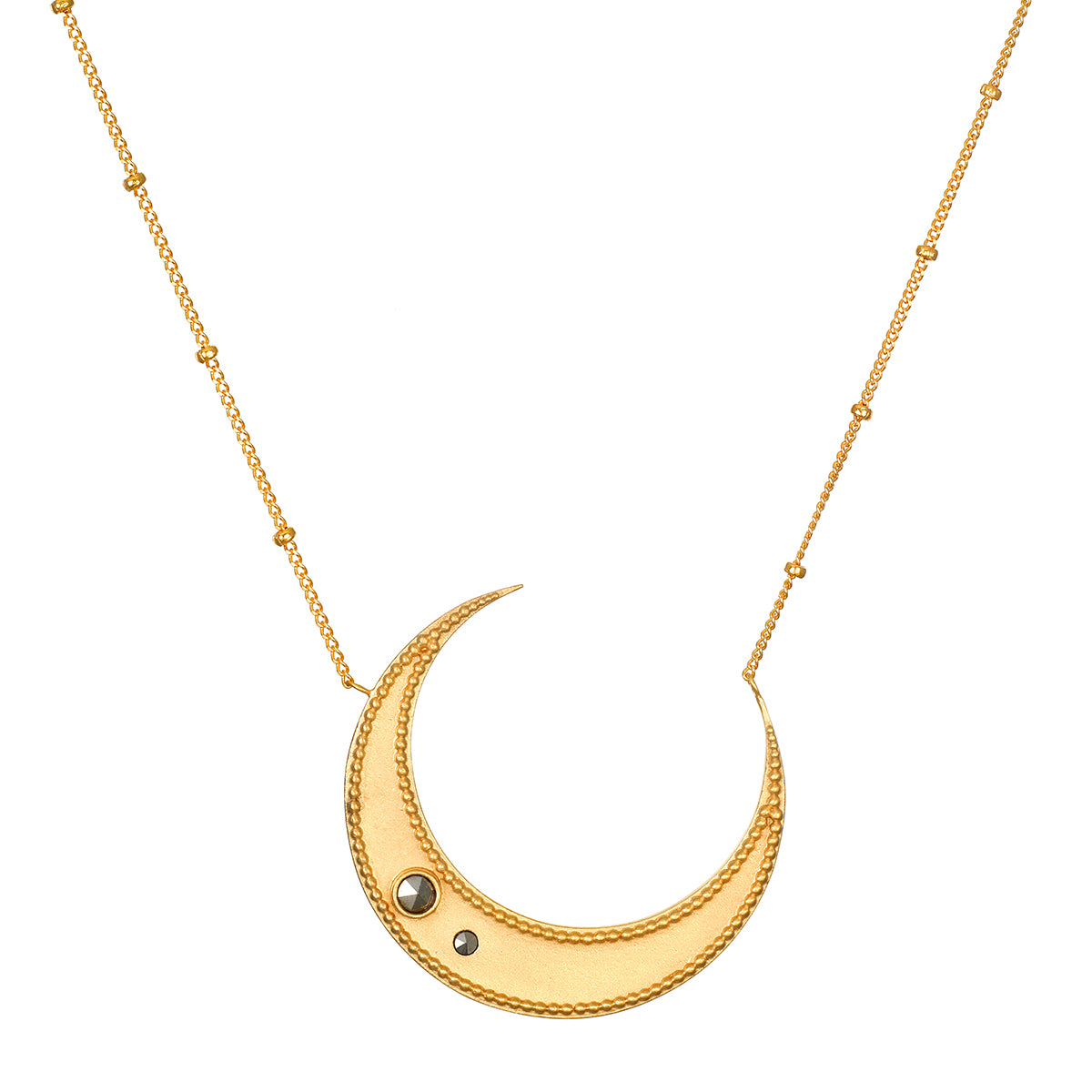 Eternal Guidance Moon Necklace by Satya Jewelry, featuring a gold plated crescent moon pendant adorned with pyrite stones. This beautiful spiritual jewelry symbolizes nourishment and protection, perfect for meditation and yoga practices, like a meaningful talisman for manifestation.