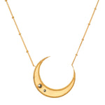 Eternal Guidance Moon Necklace by Satya Jewelry, featuring a gold plated crescent moon pendant adorned with pyrite stones. This beautiful spiritual jewelry symbolizes nourishment and protection, perfect for meditation and yoga practices, like a meaningful talisman for manifestation.