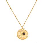 United in Light Spinning Pendant Necklace showcasing an 18kt gold plated design featuring a crescent moon and a sun centerpiece, perfect for spiritual jewelry, meditation, and manifestation. This meaningful talisman embodies the essence of protection and connection to the sun and moon, ideal for yoga and zodiac enthusiasts.