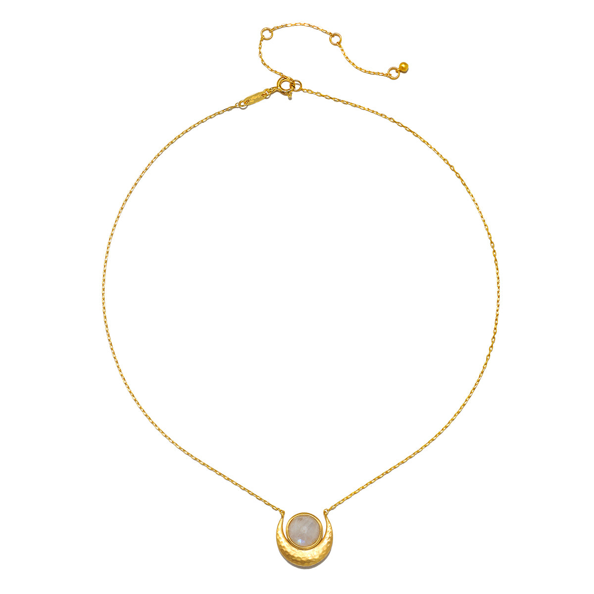 Cradled in Light Moonstone Necklace featuring an 18kt gold plated crescent moon with a luminous orb of moonstone. This spiritual jewelry embodies qualities of intuition and protection, making it a meaningful talisman for meditation or yoga practices. Perfect for those who seek to connect with their zodiac or manifest good fortune through the energies of the sun and moon.