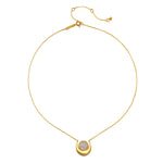 Cradled in Light Moonstone Necklace featuring an 18kt gold plated crescent moon with a luminous orb of moonstone. This spiritual jewelry embodies qualities of intuition and protection, making it a meaningful talisman for meditation or yoga practices. Perfect for those who seek to connect with their zodiac or manifest good fortune through the energies of the sun and moon.