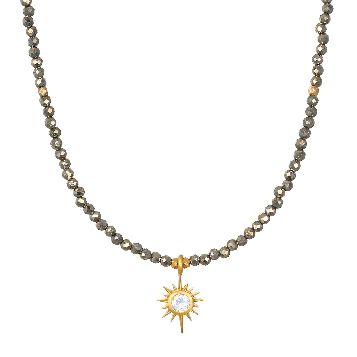Dreams of Prosperity Pyrite Necklace featuring gleaming pyrite beads and a golden starburst moonstone pendant. This spiritual jewelry embodies the essence of prosperity and clarity, perfect for meditation or yoga practices. A meaningful talisman for manifestation and protection, this necklace resonates with the energies of the sun and moon, making it a great piece for zodiac enthusiasts.