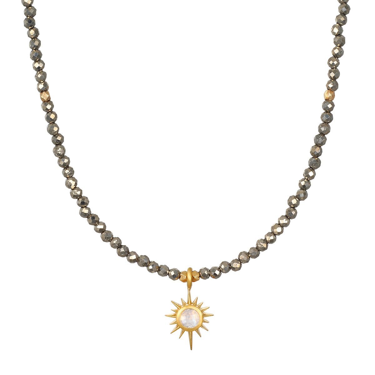 Dreams of Prosperity Pyrite Necklace featuring gleaming pyrite beads and a golden starburst moonstone pendant. This spiritual jewelry embodies the essence of prosperity and clarity, perfect for meditation or yoga practices. A meaningful talisman for manifestation and protection, this necklace resonates with the energies of the sun and moon, making it a great piece for zodiac enthusiasts.