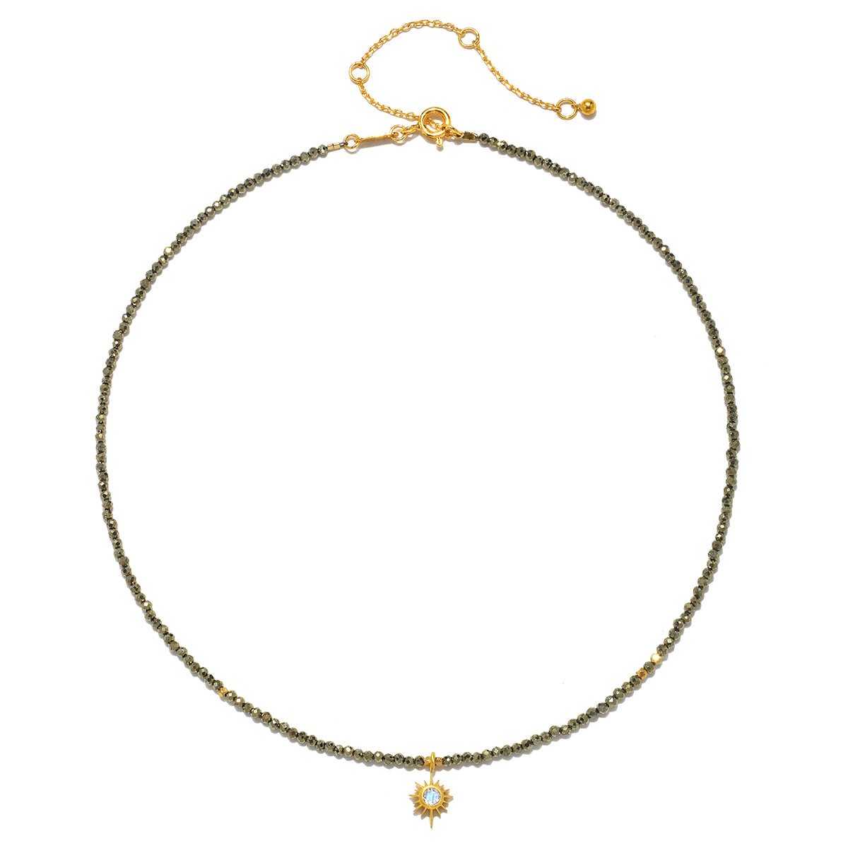 Dreams of Prosperity Pyrite Necklace featuring gleaming pyrite beads and a golden starburst moonstone pendant. This spiritual jewelry embodies the essence of prosperity and clarity, perfect for meditation or yoga practices. A meaningful talisman for manifestation and protection, this necklace resonates with the energies of the sun and moon, making it a great piece for zodiac enthusiasts.
