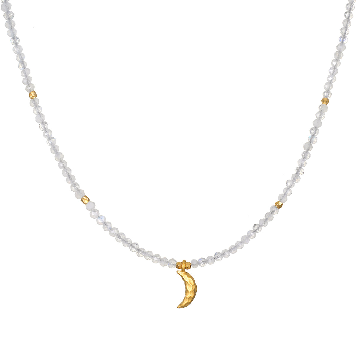 Awaken Intuition Moonstone Necklace featuring a golden crescent moon charm, symbolizing spiritual jewelry for intuition and protection, perfect for meditation and manifestation, embodying zodiac energies in a beautiful design that complements any yoga attire.