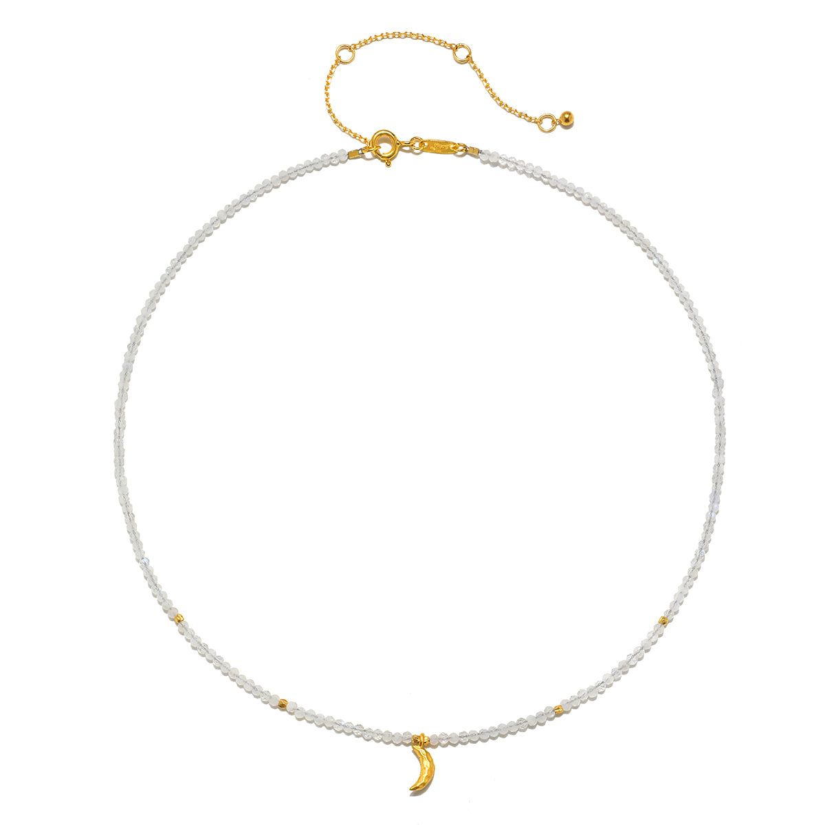 Close-up of the Awaken Intuition Moonstone Necklace highlighting the delicate beadwork and crescent moon charm, ideal for those seeking spiritual jewelry that inspires meaning, manifestation, and connection to zodiac influences in their daily life.