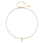 Close-up of the Awaken Intuition Moonstone Necklace highlighting the delicate beadwork and crescent moon charm, ideal for those seeking spiritual jewelry that inspires meaning, manifestation, and connection to zodiac influences in their daily life.