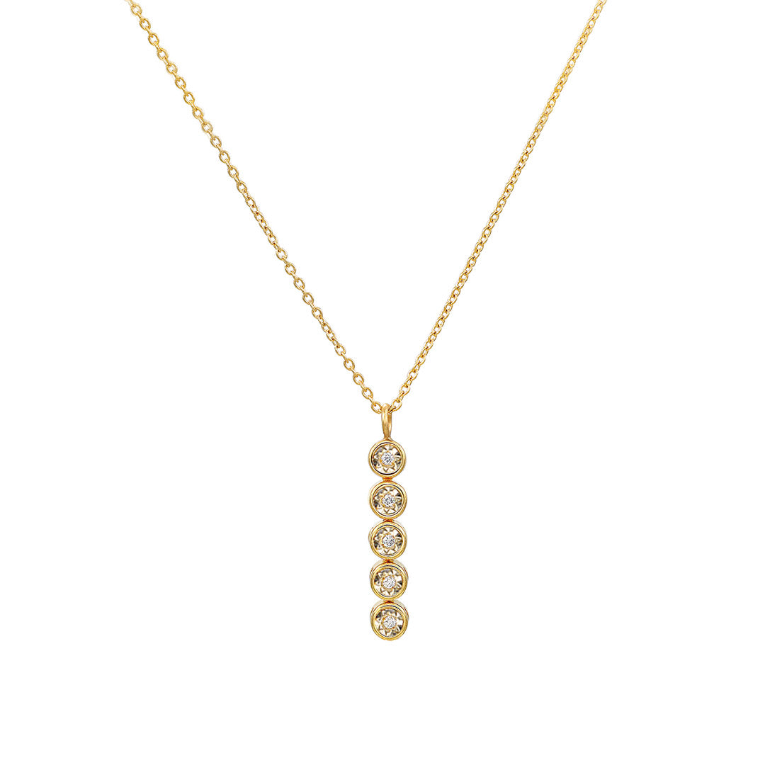 Eternal Light Diamond 14kt Gold Necklace showcasing five gleaming diamonds in a linear design, representing spiritual jewelry and meaningful adornment for meditation and manifestation. Perfect for yoga enthusiasts seeking a talisman that embodies protection, resonating with the energy of the sun and moon.