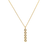 Eternal Light Diamond 14kt Gold Necklace showcasing five gleaming diamonds in a linear design, representing spiritual jewelry and meaningful adornment for meditation and manifestation. Perfect for yoga enthusiasts seeking a talisman that embodies protection, resonating with the energy of the sun and moon.