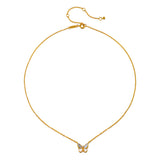Renewed Hope Pearl Butterfly Necklace featuring a delicate butterfly design in luminous mother of pearl and 18kt gold plating, embodying themes of transformation and hope in spiritual jewelry, perfect for meditation and as a meaningful talisman.